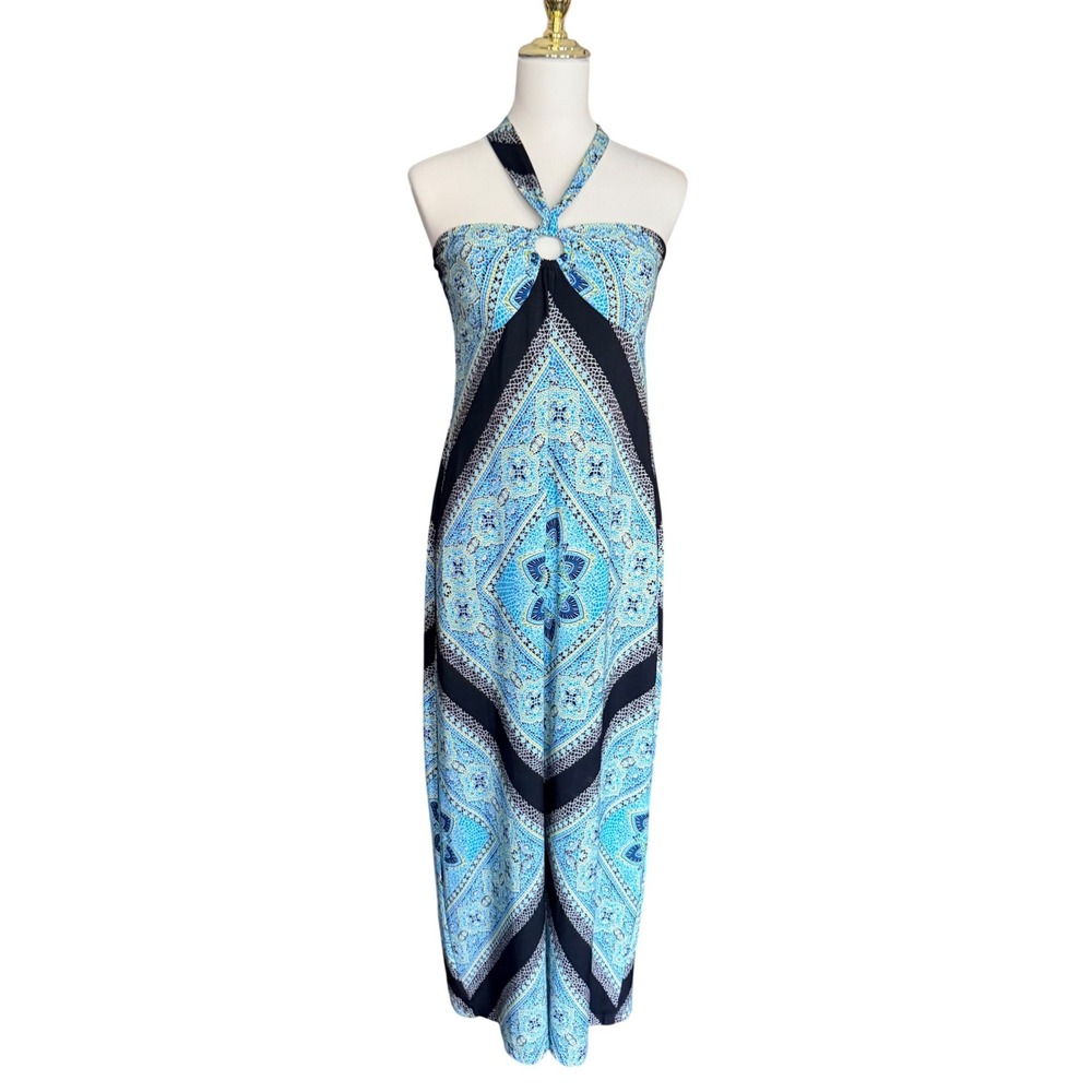 Valerie Bertinelli Blue Geometric Medallion Halter Maxi‎ Dress 8 bohemian boho